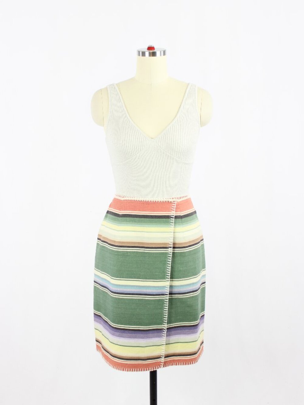 Vintage 90's KAREN KANE Green Blanket Striped Cotton Wrap Pencil Skirt, Size M